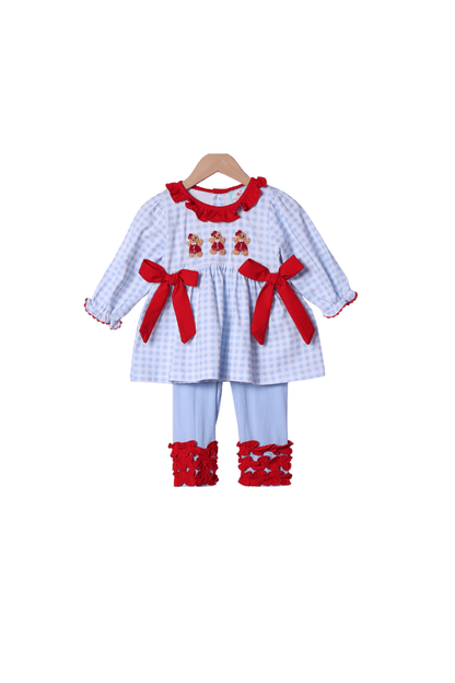 The Smocked Flamingo Apparel & Accessories French Knot Gingerbread Blue Gingham Ruffle Pant Set