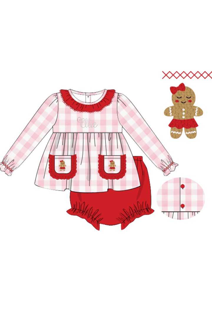 The Smocked Flamingo Apparel & Accessories French Knot Gingerbread Pink Gingham Red Ruffle Bloomer Set