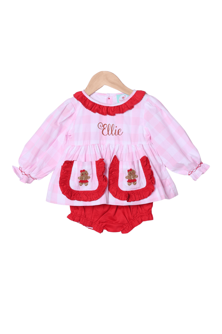 The Smocked Flamingo Apparel & Accessories French Knot Gingerbread Pink Gingham Red Ruffle Bloomer Set