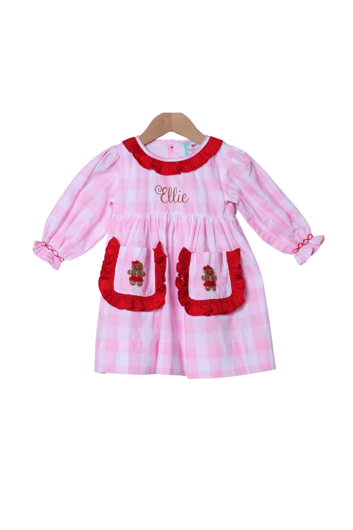 The Smocked Flamingo Apparel & Accessories French Knot Gingerbread Pink Gingham Red Ruffle Dress