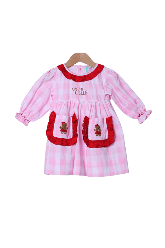 The Smocked Flamingo Apparel & Accessories French Knot Gingerbread Pink Gingham Red Ruffle Dress