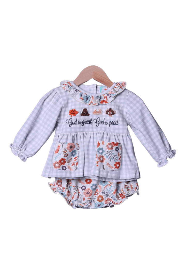 The Smocked Flamingo Apparel & Accessories French Knot God is Good Floral Bloomer Set