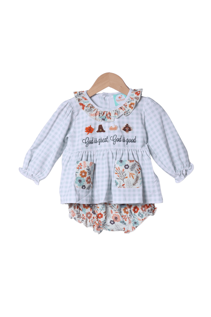 The Smocked Flamingo Apparel & Accessories French Knot God is Great, God is Good Floral Bloomer Set