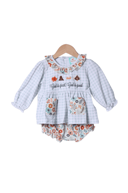 The Smocked Flamingo Apparel & Accessories French Knot God is Great, God is Good Floral Bloomer Set