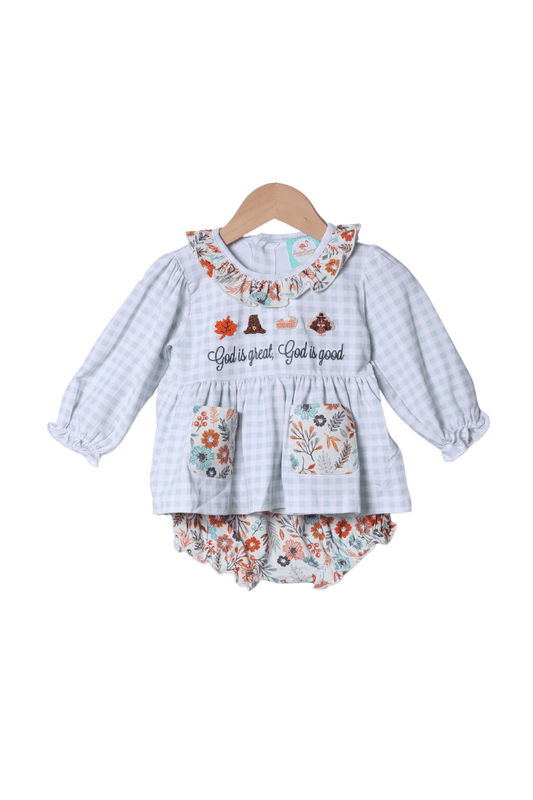 The Smocked Flamingo Apparel & Accessories French Knot God is Great, God is Good Floral Bloomer Set