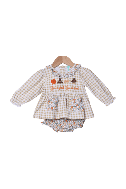 The Smocked Flamingo Apparel & Accessories French Knot God is Great, God is Good Floral Bloomer Set