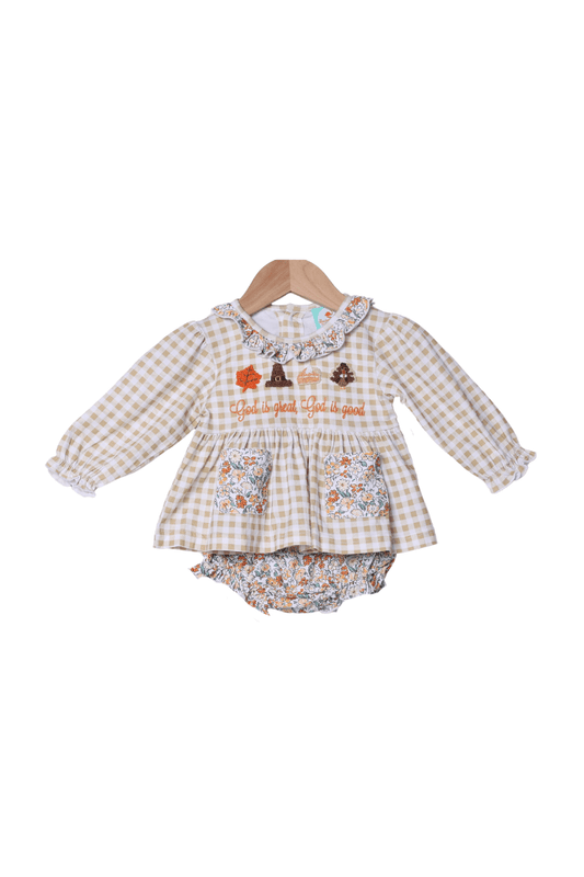 The Smocked Flamingo Apparel & Accessories French Knot God is Great, God is Good Floral Bloomer Set