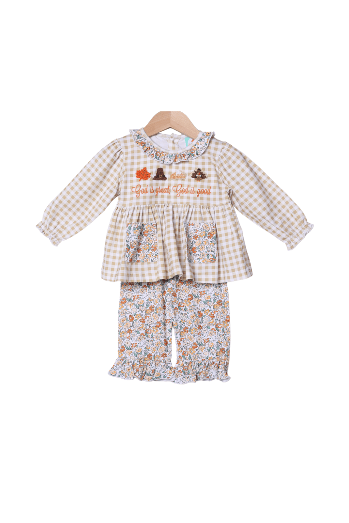 The Smocked Flamingo Apparel & Accessories French Knot God is Great, God is Good Floral Pant Set