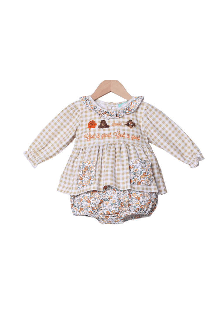 The Smocked Flamingo Apparel & Accessories French Knot God is Great, God is Good Floral Skirted Bubble