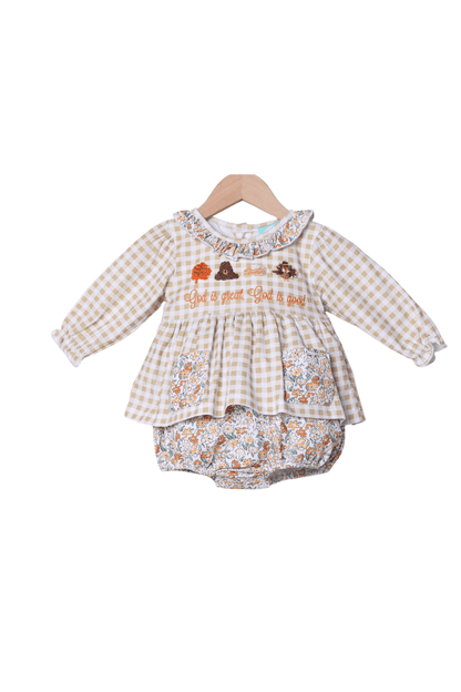 The Smocked Flamingo Apparel & Accessories French Knot God is Great, God is Good Floral Skirted Bubble
