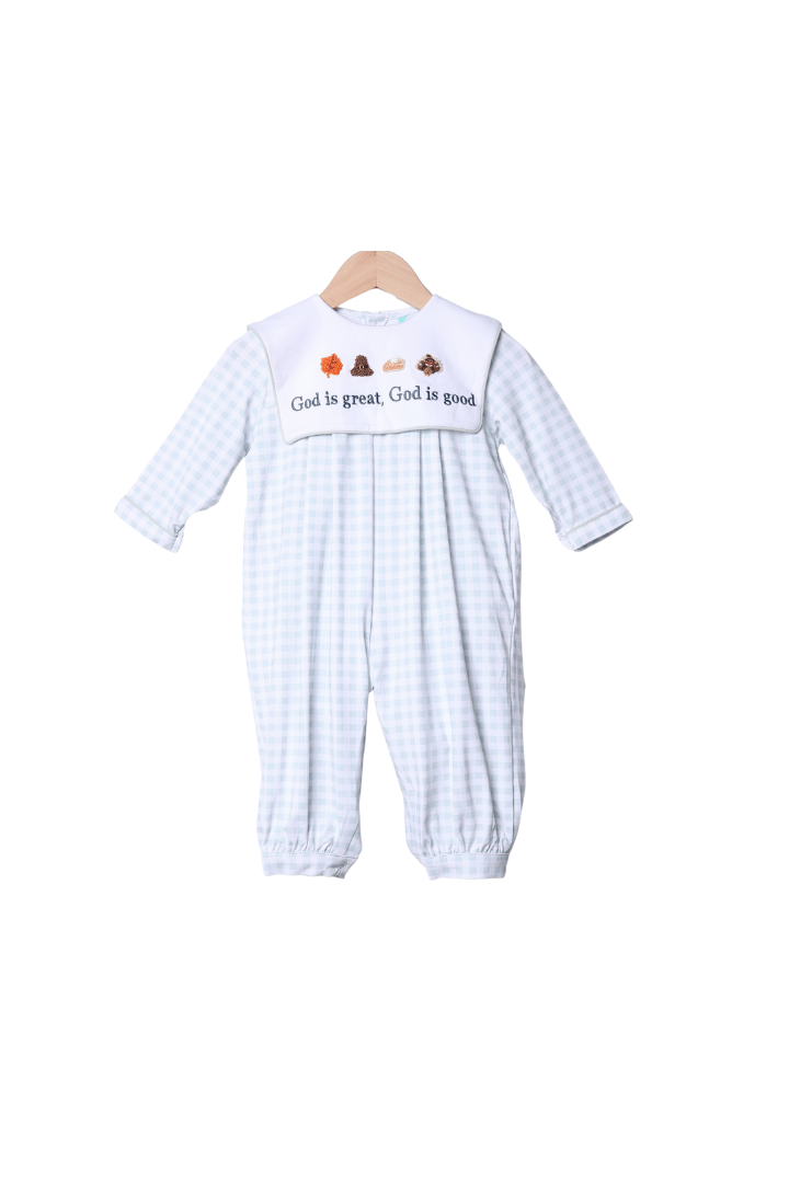 The Smocked Flamingo Apparel & Accessories French Knot God is Great, God is Good Gingham Romper