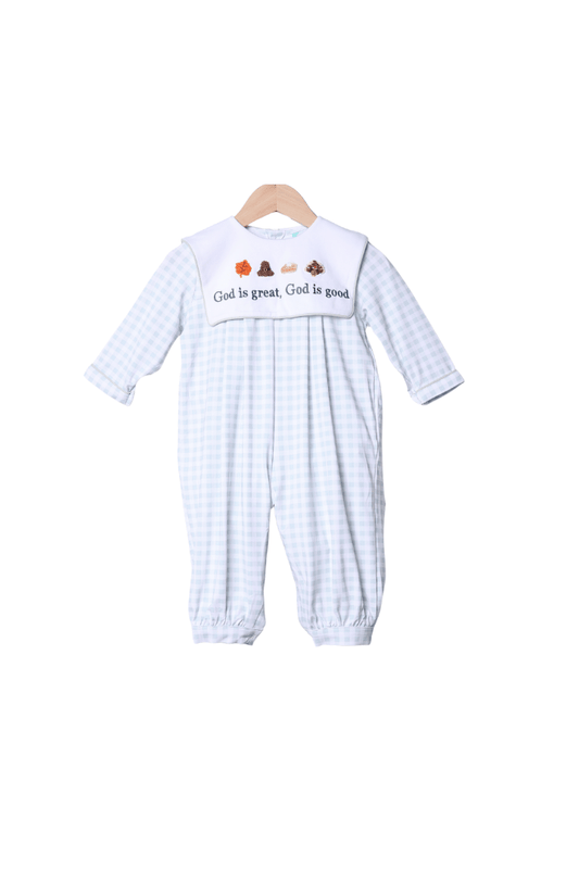 The Smocked Flamingo Apparel & Accessories French Knot God is Great, God is Good Gingham Romper