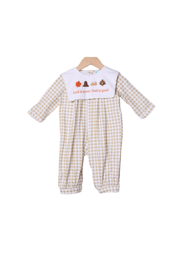 The Smocked Flamingo Apparel & Accessories French Knot God is Great, God is Good Gingham Romper