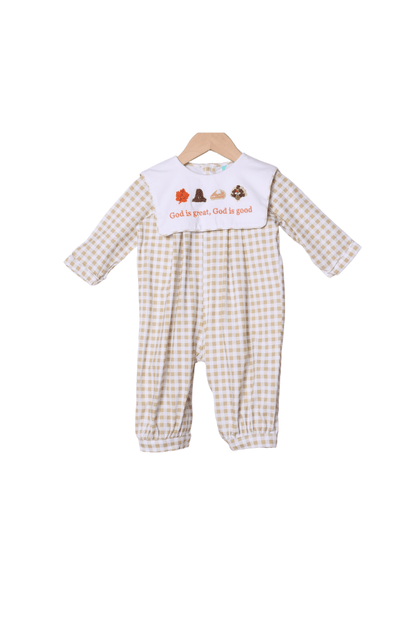 The Smocked Flamingo Apparel & Accessories French Knot God is Great, God is Good Gingham Romper