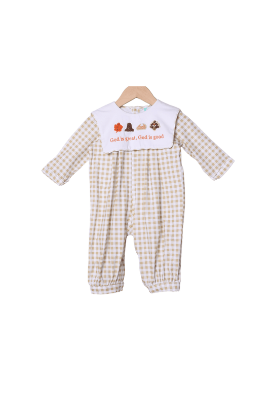 The Smocked Flamingo Apparel & Accessories French Knot God is Great, God is Good Gingham Romper