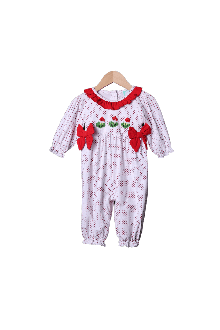 The Smocked Flamingo Apparel & Accessories French Knot Grouch Red Bitty Dot Romper