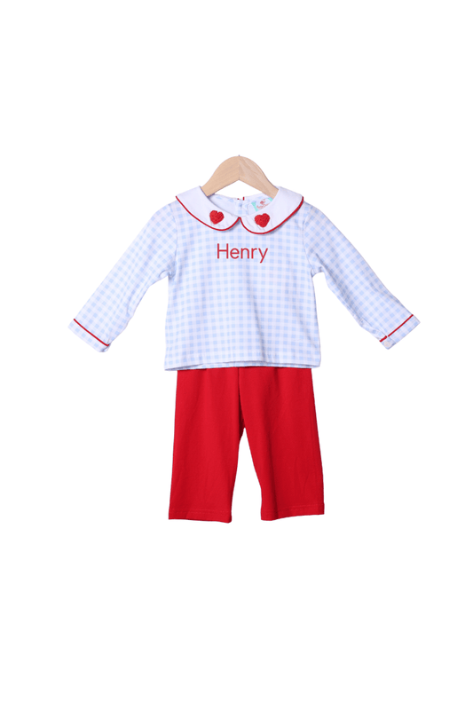 The Smocked Flamingo Apparel & Accessories French Knot Heart Blue Gingham and Red Pant Set