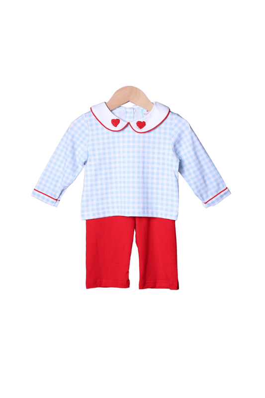 The Smocked Flamingo Apparel & Accessories French Knot Heart Blue Gingham and Red Pant Set