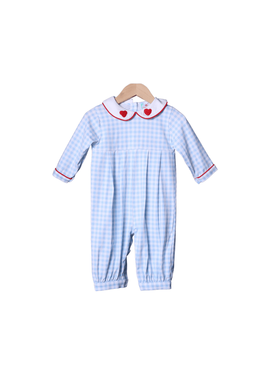 The Smocked Flamingo Apparel & Accessories French Knot Heart Blue Gingham and Romper