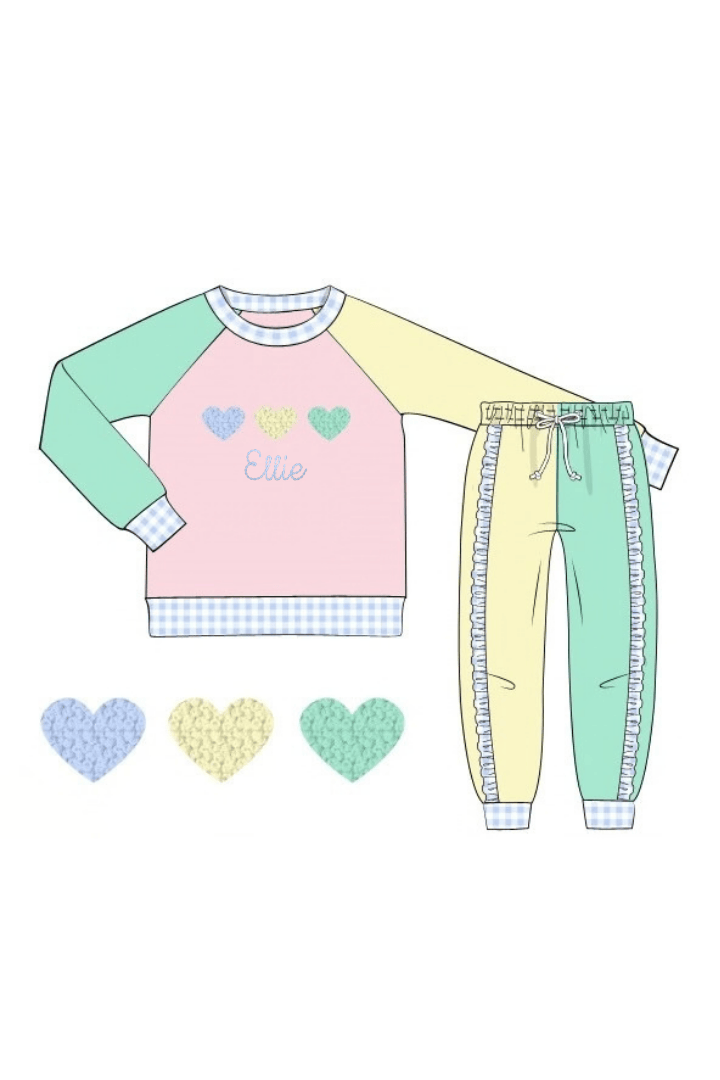 The Smocked Flamingo Apparel & Accessories French Knot Heart Pastel Color Block Jogger Set