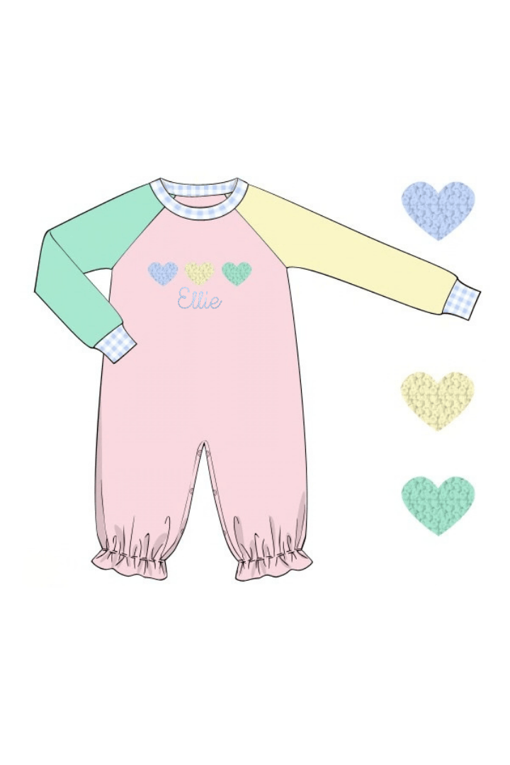 The Smocked Flamingo Apparel & Accessories French Knot Heart Pastel Color Block Romper