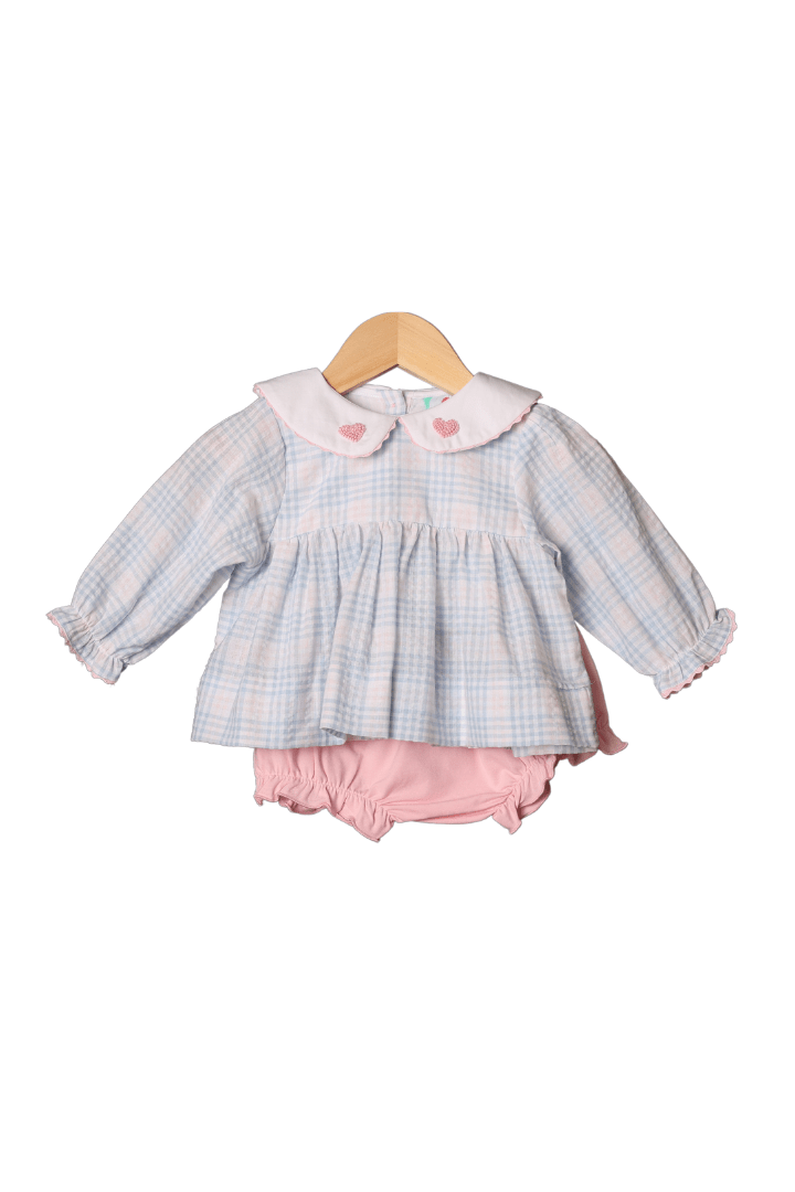 Pastel Bows on Light Blue Seersucker Bloomer Set by Claire & Charlie main image 1