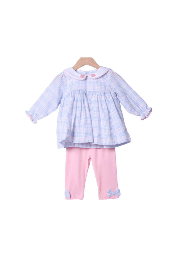 The Smocked Flamingo Apparel & Accessories French Knot Heart Pink/Blue Seersucker Plaid Pant Set