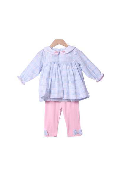 The Smocked Flamingo Apparel & Accessories French Knot Heart Pink/Blue Seersucker Plaid Pant Set