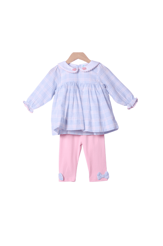 The Smocked Flamingo Apparel & Accessories French Knot Heart Pink/Blue Seersucker Plaid Pant Set