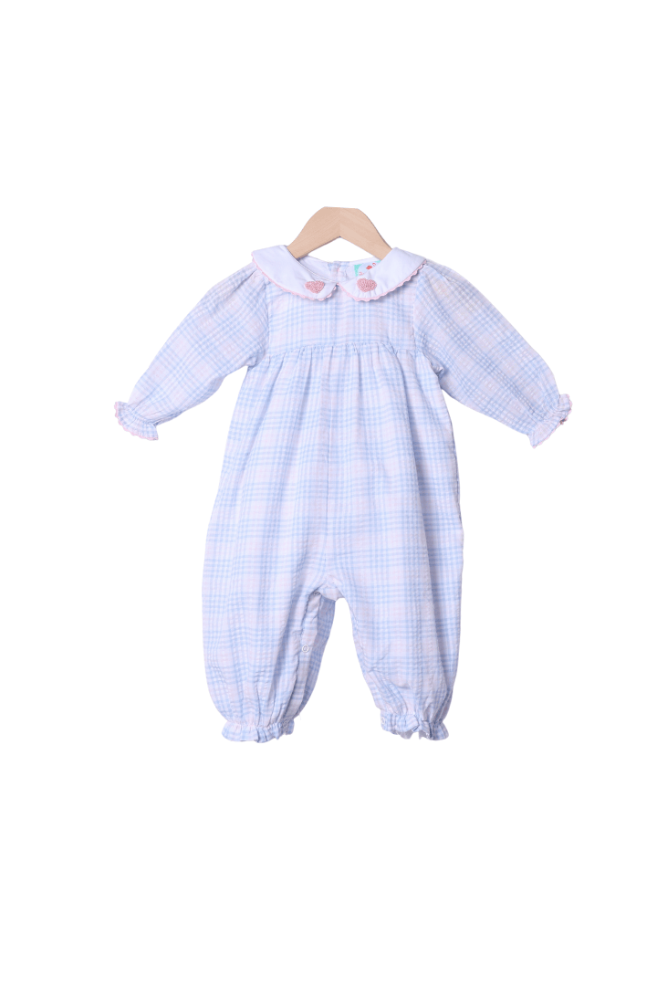 The Smocked Flamingo Apparel & Accessories French Knot Heart Pink/Blue Seersucker Plaid Romper