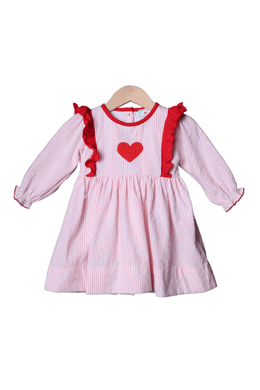 The Smocked Flamingo Apparel & Accessories French Knot Heart Pink Pinstripe Dress