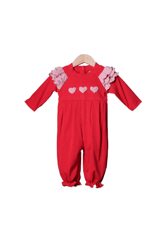 The Smocked Flamingo Apparel & Accessories French Knot Heart Red and Pink Cardigan Ruffle Romper