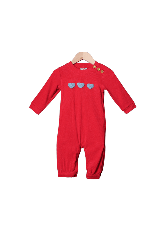 The Smocked Flamingo Apparel & Accessories French Knot Heart Red Cardigan Romper