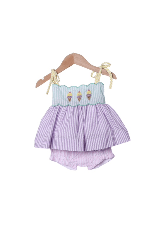 The Smocked Flamingo Apparel & Accessories French Knot Ice Cream Seersucker Bloomer Set