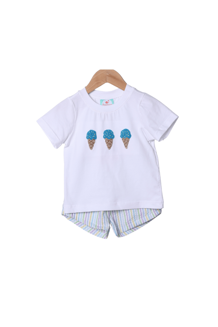 The Smocked Flamingo Apparel & Accessories French Knot Ice Cream Seersucker Stripe Short Set