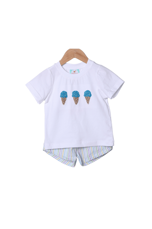 The Smocked Flamingo Apparel & Accessories French Knot Ice Cream Seersucker Stripe Short Set