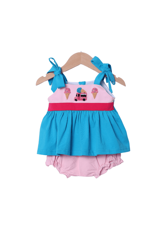 The Smocked Flamingo Apparel & Accessories French Knot Ice Cream Truck Aqua/Pink Knit Bloomer Set