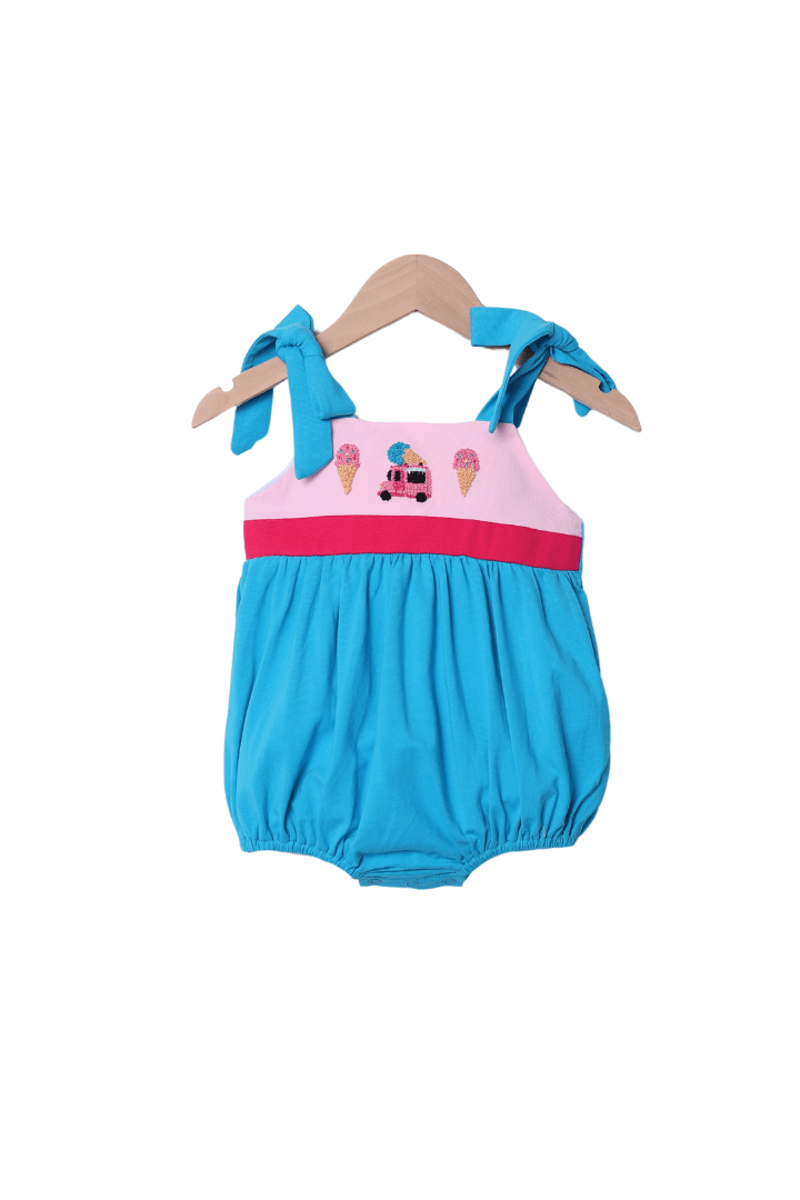 The Smocked Flamingo Apparel & Accessories French Knot Ice Cream Truck Aqua/Pink Knit Bubble