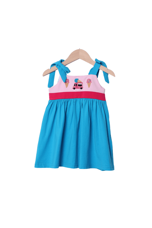 The Smocked Flamingo Apparel & Accessories French Knot Ice Cream Truck Aqua/Pink Knit Dress