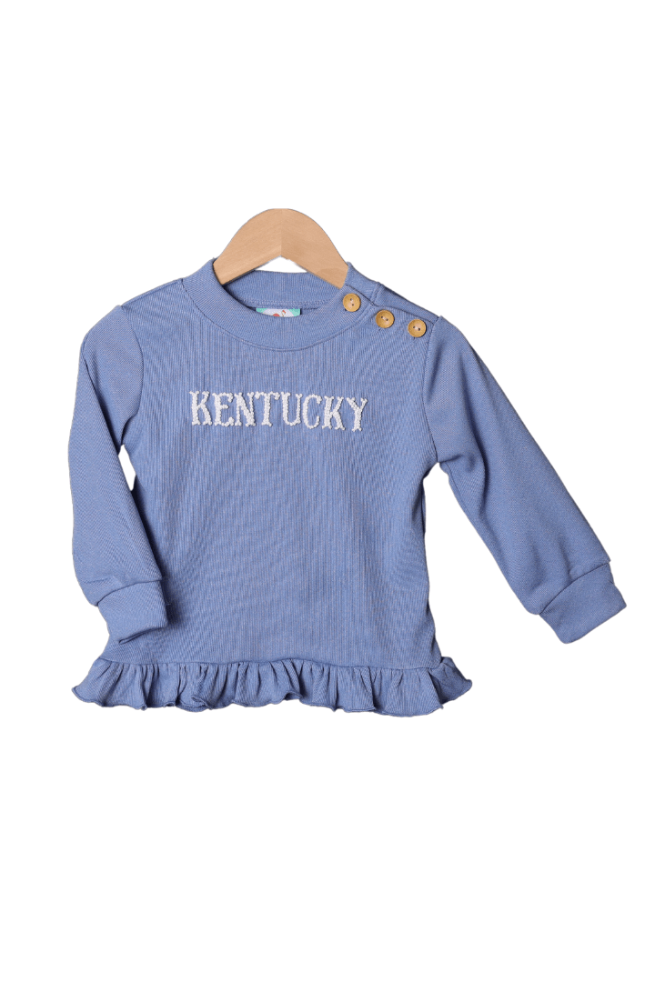 The Smocked Flamingo Apparel & Accessories French Knot Kentucky Blue Knit Ruffle Sweater Pullover