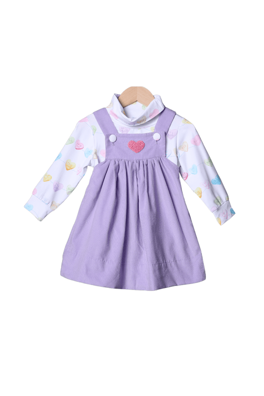 The Smocked Flamingo Apparel & Accessories French Knot Lavender Corduroy Conversation Heart Dress