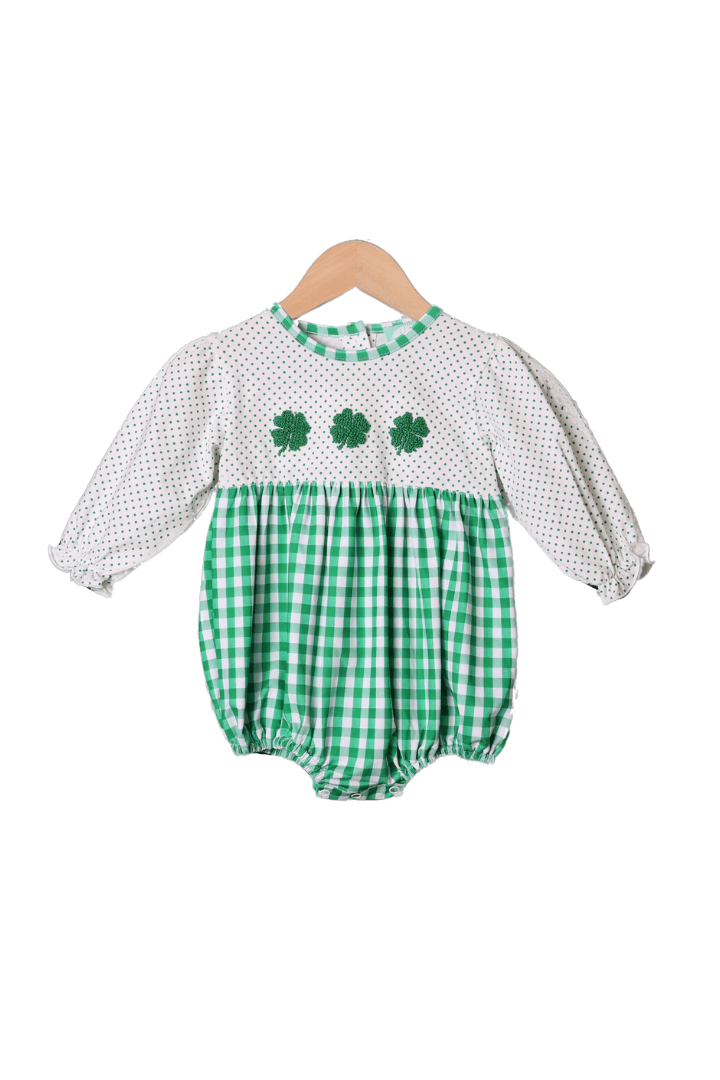 The Smocked Flamingo Apparel & Accessories French Knot Lucky Clover Green Gingham/Bitty Dot Bubble