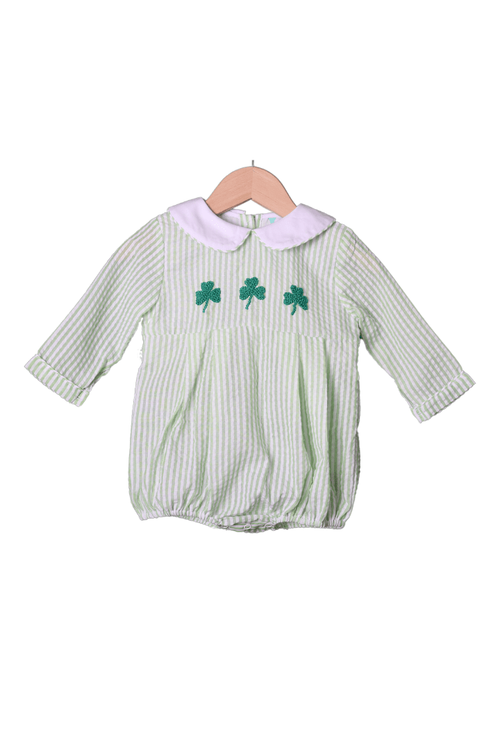 The Smocked Flamingo Apparel & Accessories French Knot Lucky Clover Green Seersucker Bubble