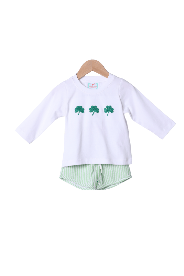 The Smocked Flamingo Apparel & Accessories French Knot Lucky Clover Green Seersucker Short Set