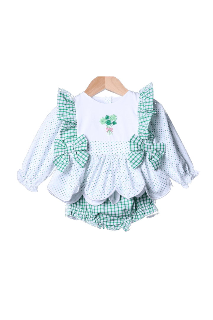 The Smocked Flamingo Apparel & Accessories French Knot Lucky Clover Knit Bloomer Set