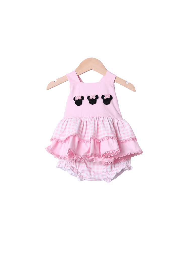 The Smocked Flamingo Apparel & Accessories French Knot Mouse Pink Gingham Knit Bloomer Set