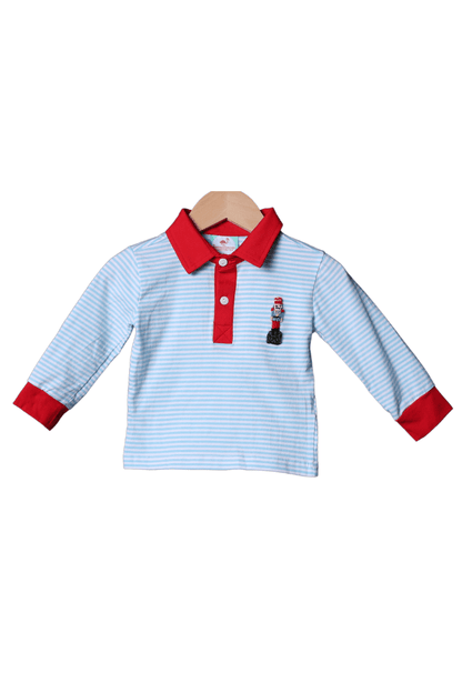 The Smocked Flamingo Apparel & Accessories French Knot Nutcracker Blue Stripe Knit Long Sleeve Golf Shirt