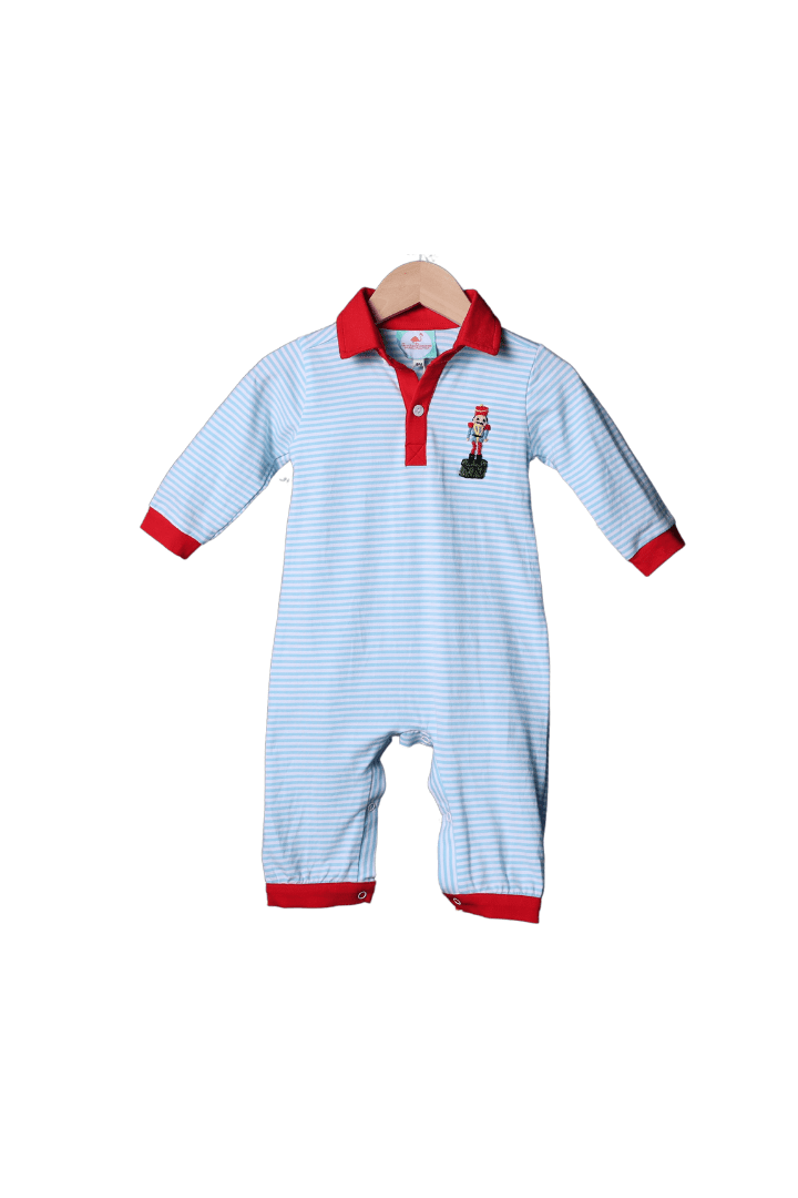 The Smocked Flamingo Apparel & Accessories French Knot Nutcracker Blue Stripe Knit Romper