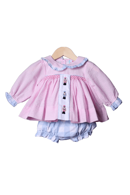 The Smocked Flamingo Apparel & Accessories French Knot Nutcracker Pink and Blue Gingham Bloomer Set