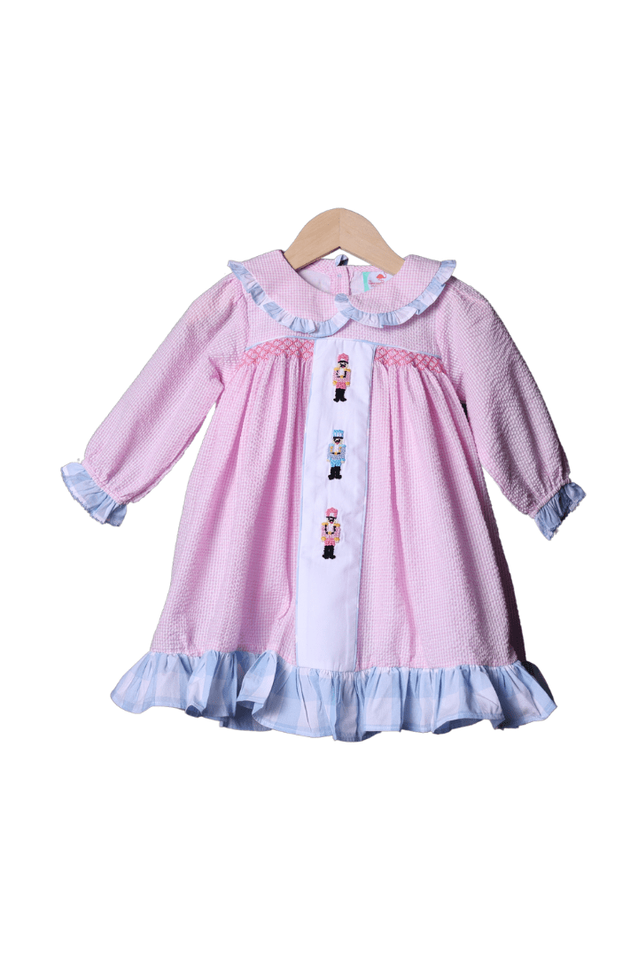 The Smocked Flamingo Apparel & Accessories French Knot Nutcracker Pink and Blue Gingham Dress